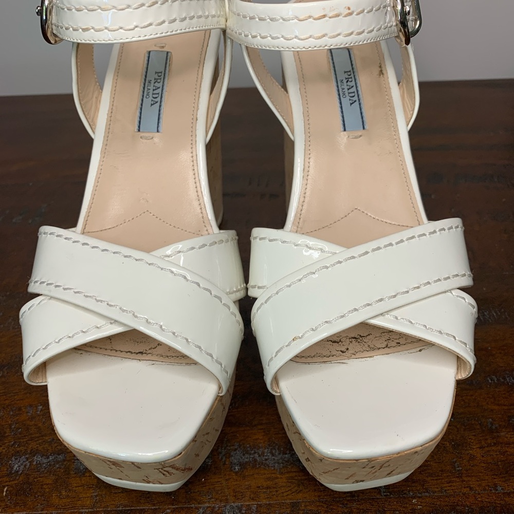 Prada White Wedge Sandals with Crisscross Straps Size 8.5 - Picture 3 of 10
